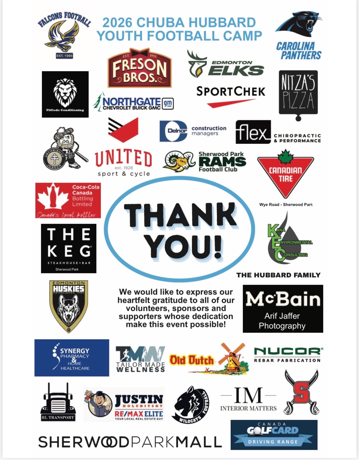 Thank you to the 2026 Chuba Hubbard Youth Football Camp sponsors and partners